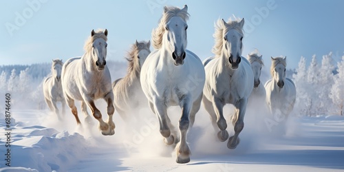 Snowflakes swirl around spirited horses galloping freely across a wintry, untouched landscape. photo