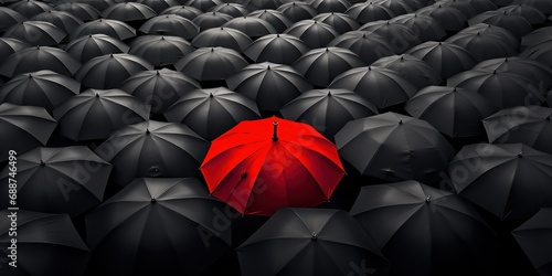 Amidst a crowd of grey umbrellas, one red canopy shines as a beacon of uniqueness. photo