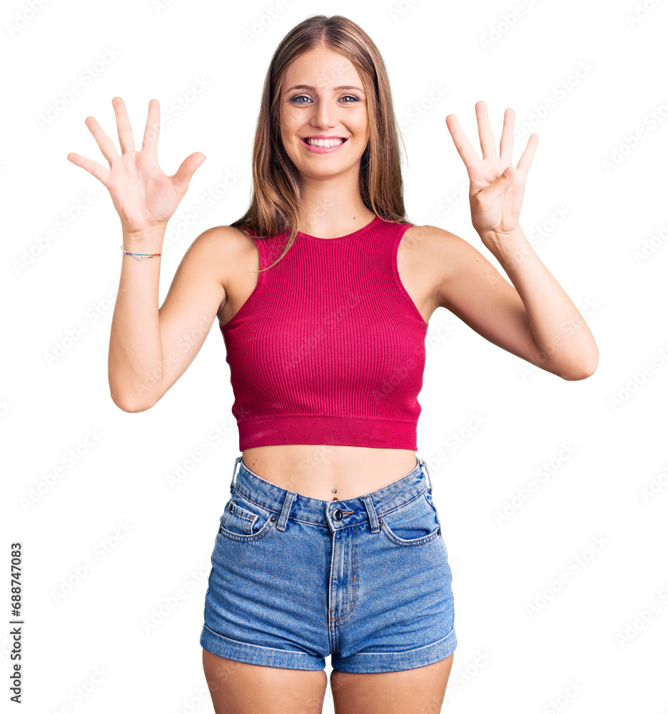 Young beautiful blonde woman wearing elegant summer shirt showing and pointing up with fingers number nine while smiling confident and happy. Young beautiful blonde woman wearing elegant summer shirt showing and pointing up with fingers number nine while smiling confident and happy.