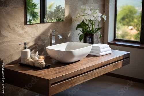 A wooden washstand with a white ceramic vessel sink contributes to the interior design of a modern bathroom