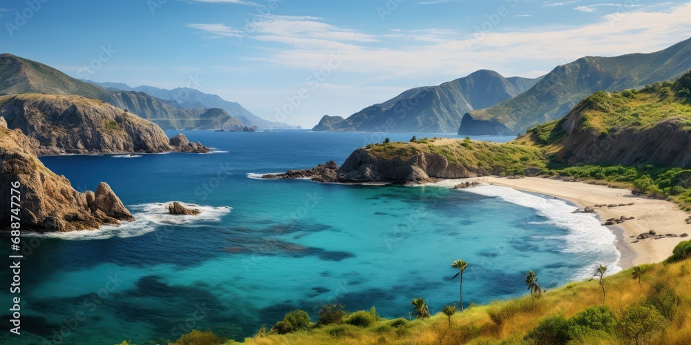 A tranquil bay with azure waters and palm-fringed sands is hidden by green hills. - obrazy, fototapety, plakaty 
