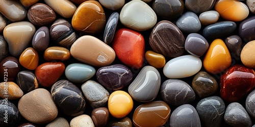 Polished stones in earthy tones glisten with reflected light