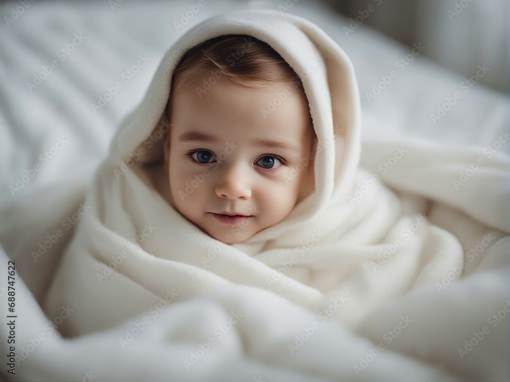 portrait of cute little american baby kid wrapped in soft white blanket on a bed portrait of cute little american baby kid wrapped in soft white blanket on a bed