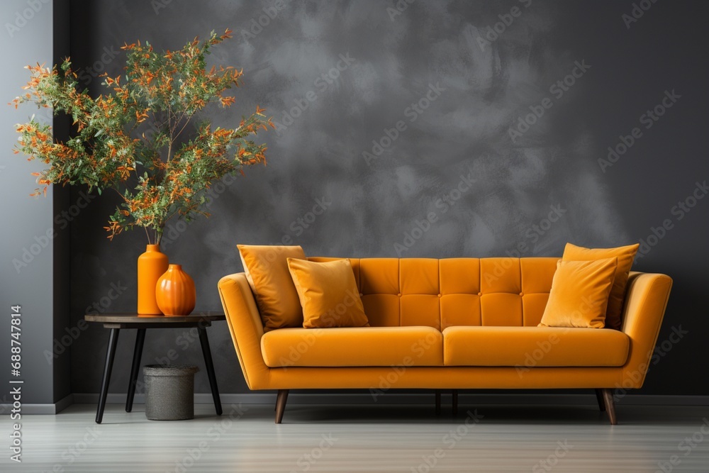 An elegant orange sofa stands against a grey stucco wall and cabinet, representing Scandinavian style home interior design in a modern living room - obrazy, fototapety, plakaty 