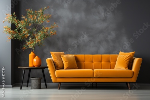 An elegant orange sofa stands against a grey stucco wall and cabinet, representing Scandinavian style home interior design in a modern living room