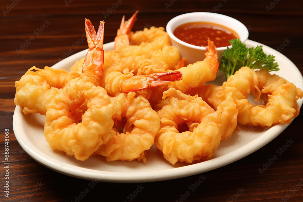 Cooked tempura shrimp on a serving board with dipping sauce Cooked tempura shrimp on a serving board with dipping sauce
