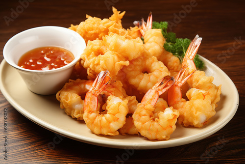Cooked tempura shrimp on a serving board with dipping sauce