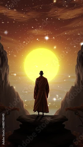 An animated scene with a silhouetted monk standing before the sun, swirling stars, and clouds.