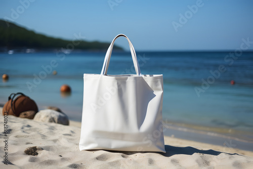 White tote bag on a sandy beach with a clear blue sky