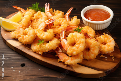 Cooked Shrimp Presented on a Serving Board with Dip