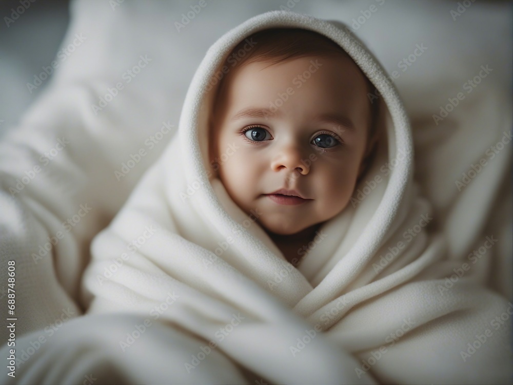 portrait of cute little american baby kid wrapped in soft white blanket on a bed
portrait of cute little american baby kid wrapped in soft white blanket on a bed