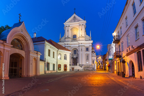 Picturesque Street and Church in Old Town of Vilnius, Lithuania, Baltic states.