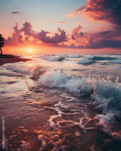 Serene Beach Sunset with Waves