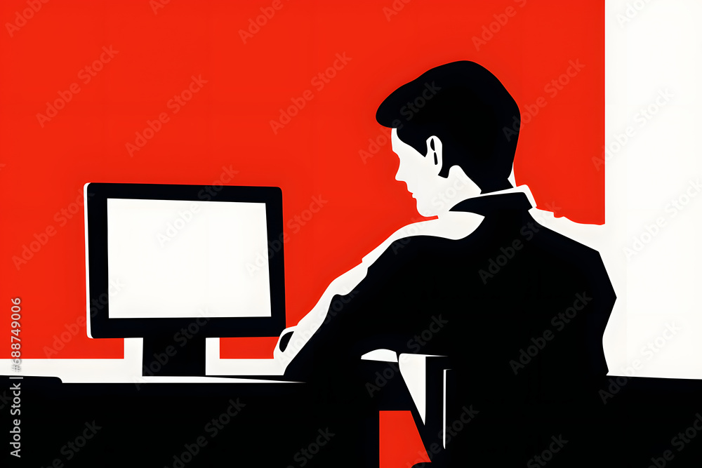 Silhouetted figure at computer against red background Silhouetted figure at computer against red background