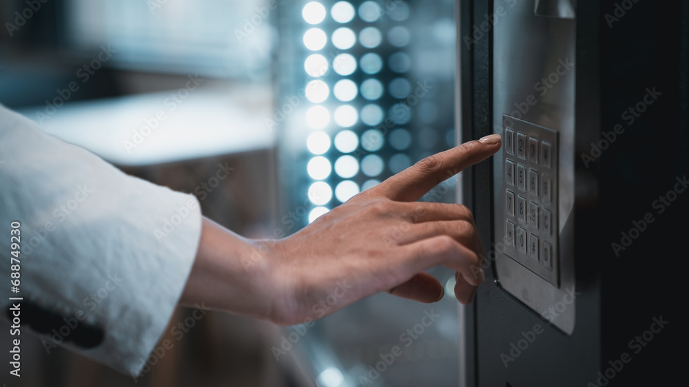 custom made wallpaper toronto digitalClose up hand of woman pushing button on vending machine for choosing a snack or drink. Small business and consumption concept.