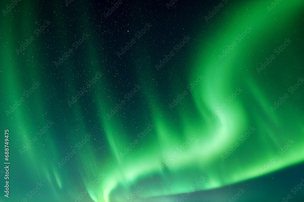 Sky with green polar lights and stars. Aurora borealis Northern lights in night winter sky