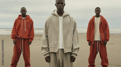 Handsome young people of African nationality in stylish modern tracksuits on a blurred background of the ocean coast. Sportswear, fashion, freedom photo
