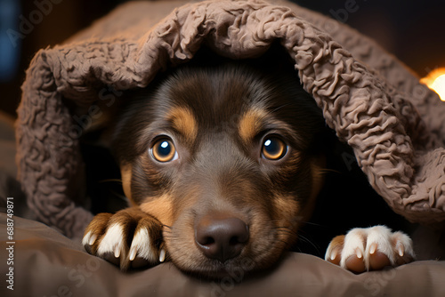 shy dog hiding behind a blanket photo