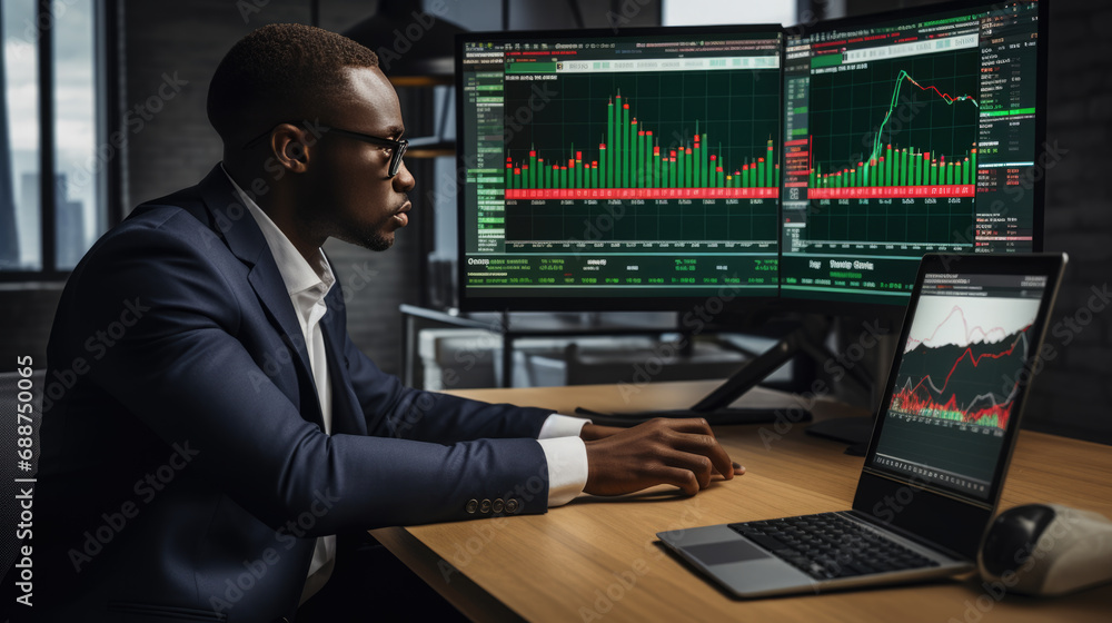 Stock Trader Man Using Multiple Monitors while working at office.