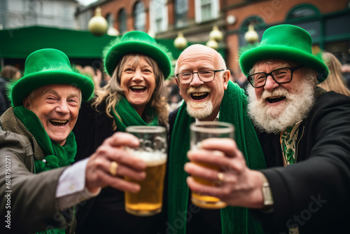 Mature people are having fun, wearing green costumes and celebrating St. Patrick's Day in street bar photo