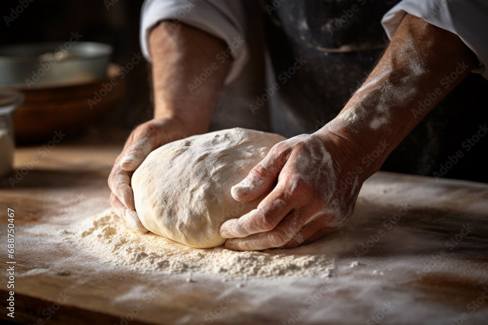Close up of man's hands kneading dough for bread baking