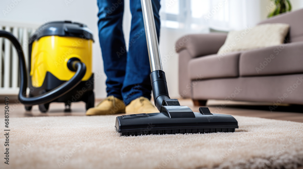 Obraz premium Person vacuuming the carpet at home with a modern vacuum cleaner