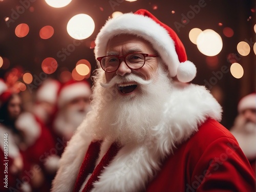 santa claus with his red coat  having fun at party with womens  