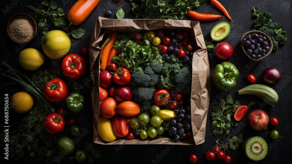 view from above Paper pf bag of vegetables and fruits on isolated dark ...