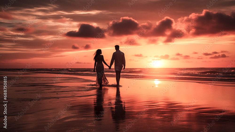 A couple strolls hand in hand on the beach, the sun setting behind them in a picturesque moment.