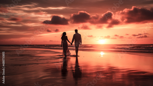 A couple strolls hand in hand on the beach, the sun setting behind them in a picturesque moment. © Exuberation 