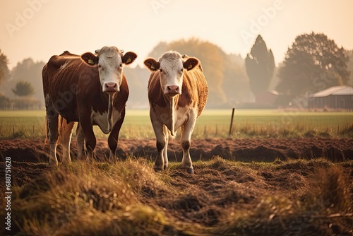 A herd of cows grazing on a green meadow on a sunny morning in the countryside.