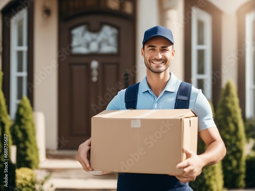 young handsome smiling delivery mailman person with uniform delivering parcel cardboard box in front
