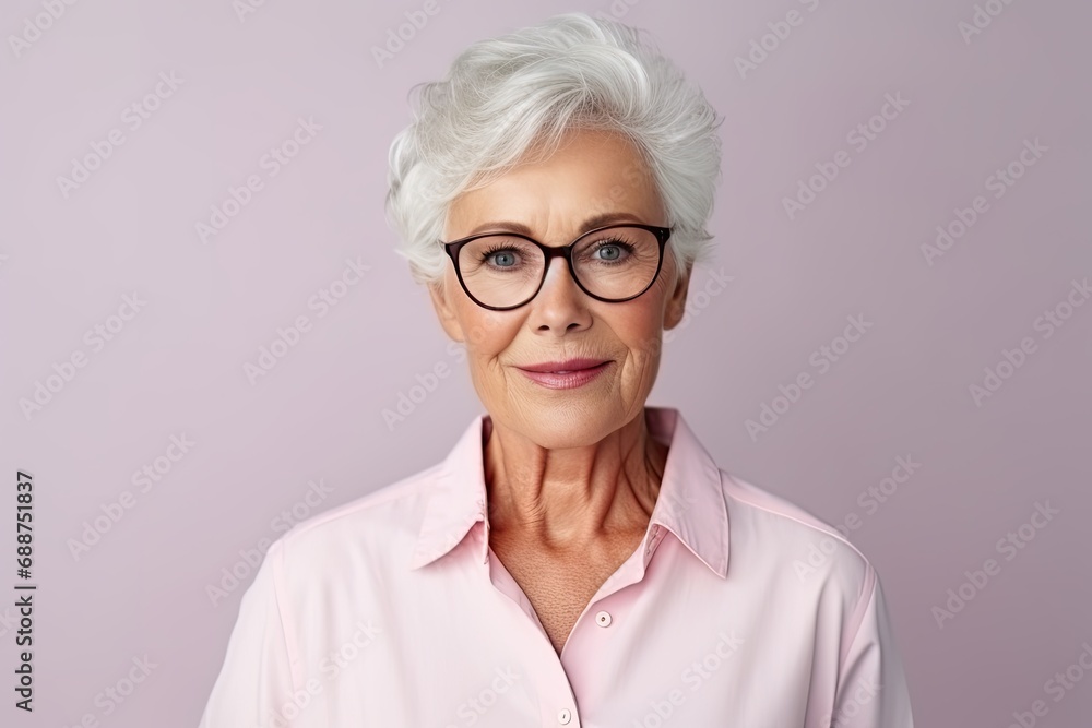 Happy and confident senior woman stylishly wearing glasses, exuding positivity and modern elegance.