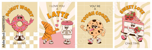 Posters set with retro groovy cheerful desserts characters. Retro cartoon branding mascots for cafe, restaurant, bar. Funky vector illustration with a donut, cake, cookie, coffee and croissant.