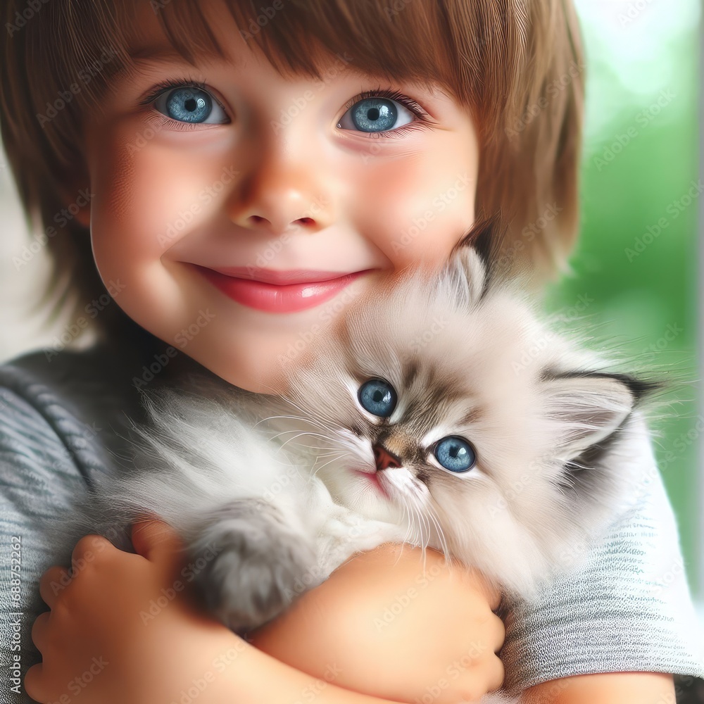 Cute little boy with kitten in hanging chair at home. Childhood pet Cute little boy with kitten in hanging chair at home. Childhood pet