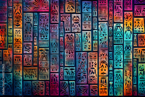 Color-blocked hieroglyphics in a modern abstract style