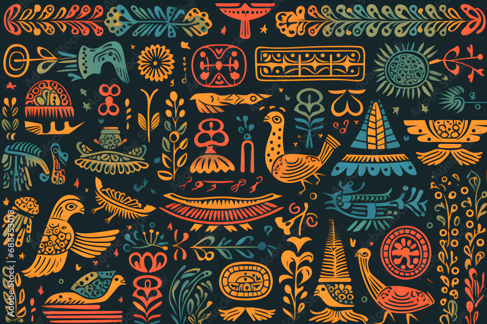 Vibrant tribal designs and animal illustrations on teal