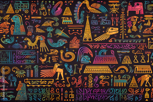 Colorful hieroglyphic patterns on a dark background