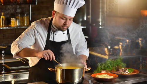 Chef cooking soup on the stove