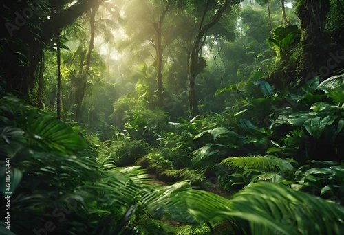 AI generated illustration of a lush, tropical rainforest with vibrant green foliage