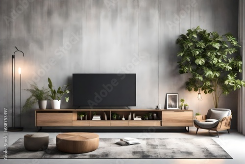 Picture a modern and stylish living room in this 3D rendering, where a TV cabinet takes center stage against a concrete wall background. 