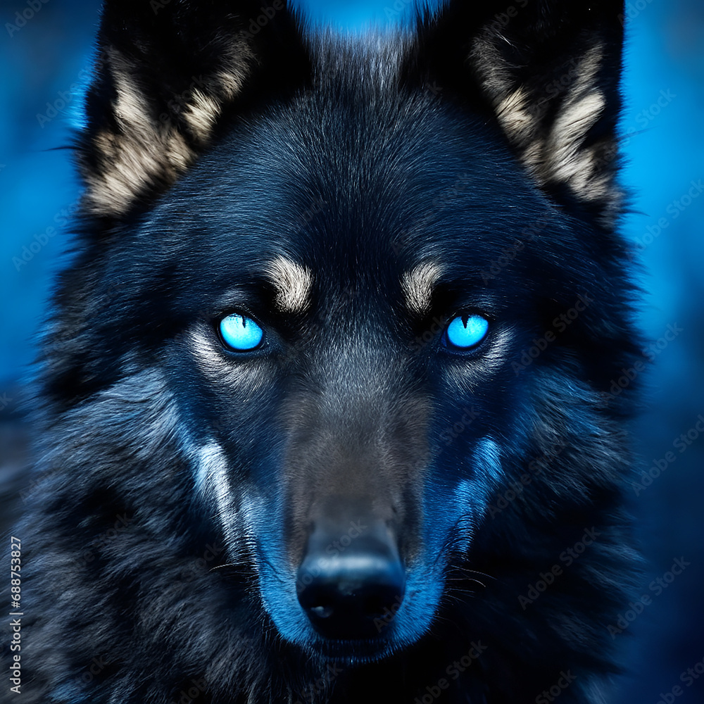 A black wolf with blue eyes and a black background ai generated