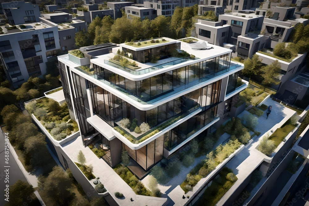 A drone's perspective capturing the entirety of a cutting-edge residence, emphasizing its rooftop terrace and panoramic windows. A drone's perspective capturing the entirety of a cutting-edge residence, emphasizing its rooftop terrace and panoramic windows.