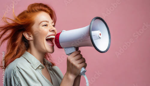 Red-haired young woman with megaphone on pink background