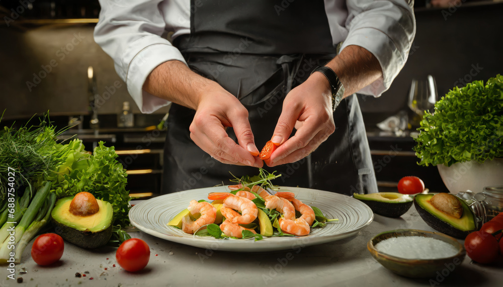 Chef's hands crafting shrimp salad with culinary finesse