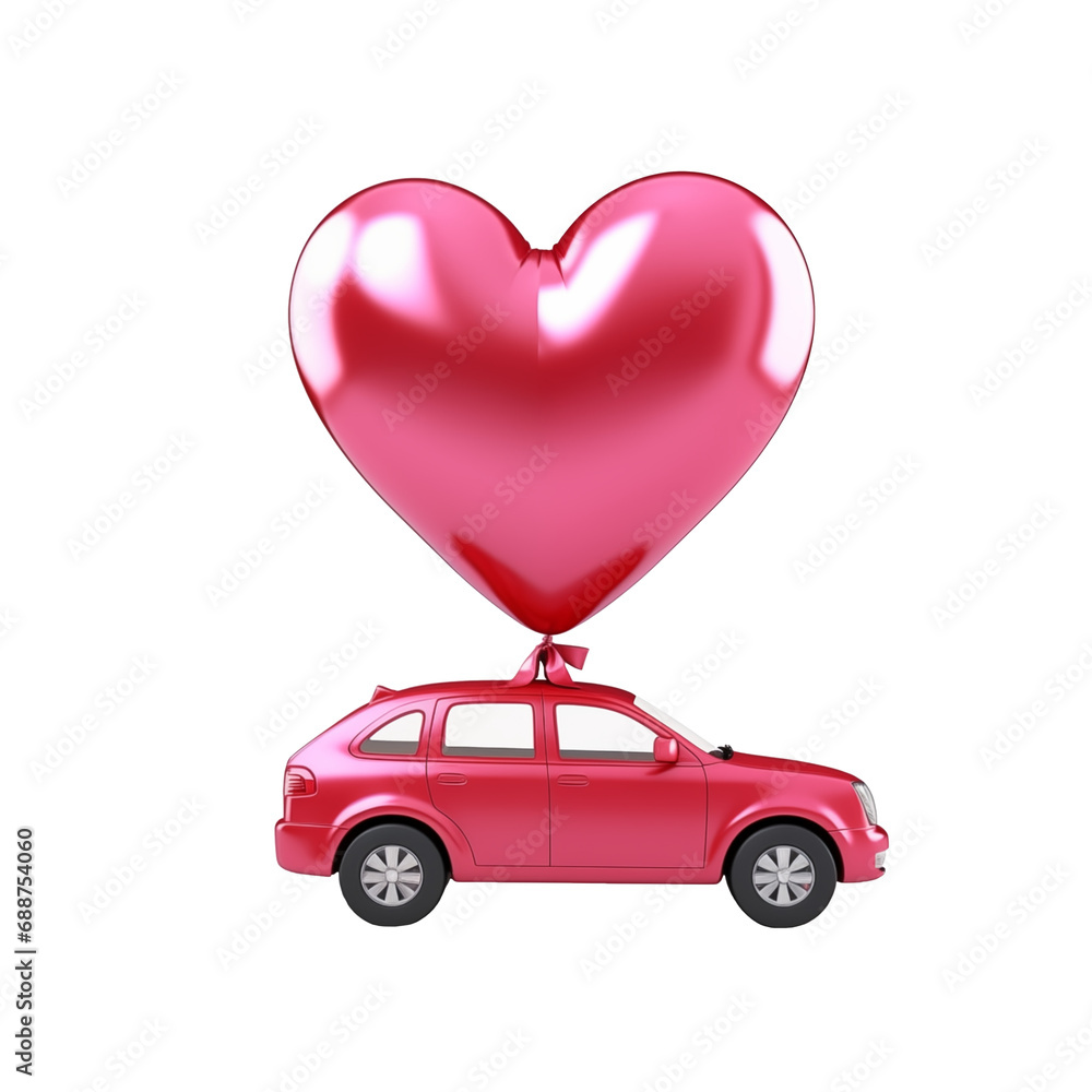Still life concept with pink retro car with pink heart on a roof isolated on white background Still life concept with pink retro car with pink heart on a roof isolated on white background