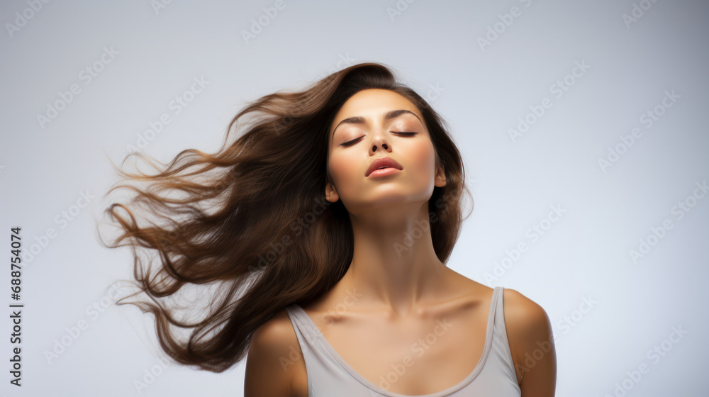 Stylish Mane: Brown-Haired Woman in Posed Shot, Hair Flowing in the Wind Against Clear Background, Eyes Shut, Great for Fashion and Cosmetics Industry Promotion