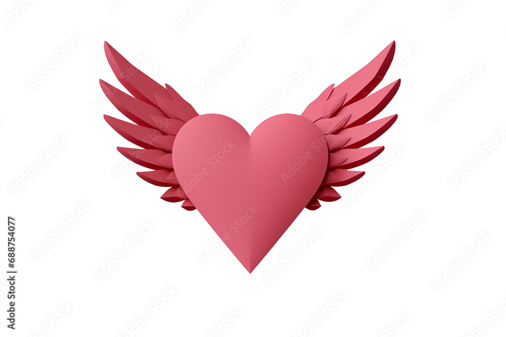 Pink paper origami heart with wings on white background Pink paper origami heart with wings on white background