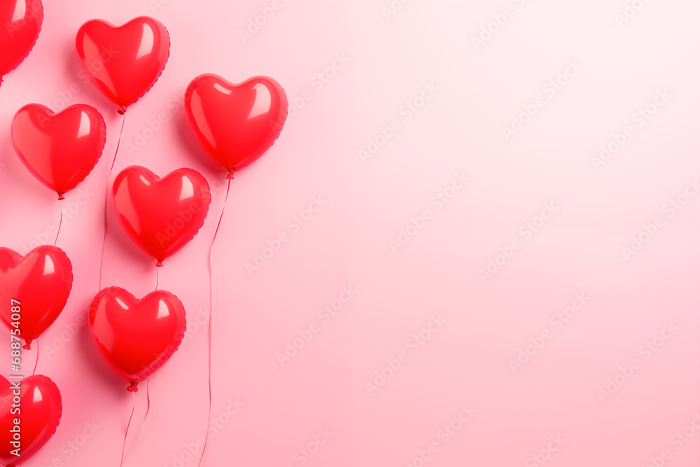 Valentine's day background with red hearts balloons on pink background, flat lay