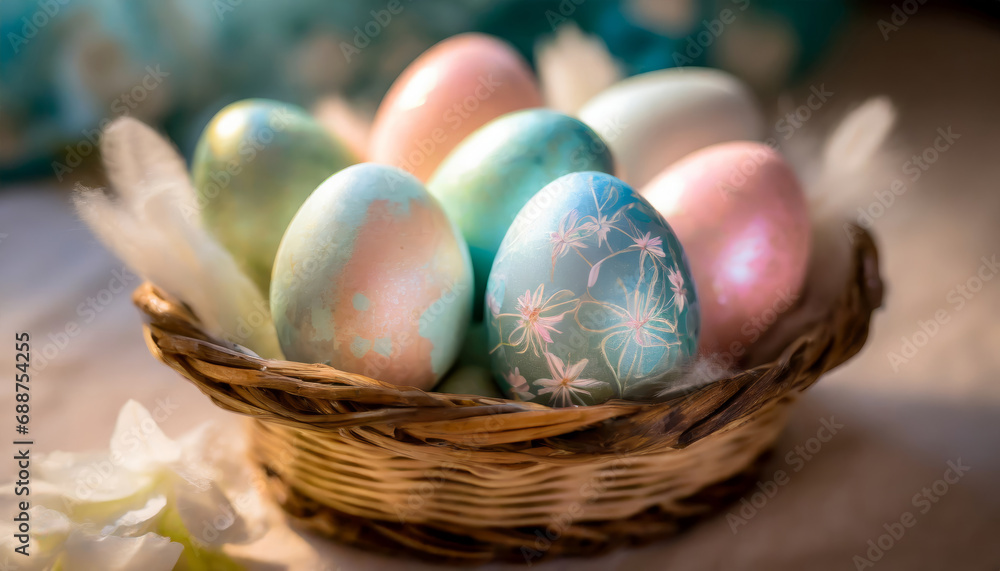 Basket of Easter eggs with festive decorations Basket of Easter eggs with festive decorations